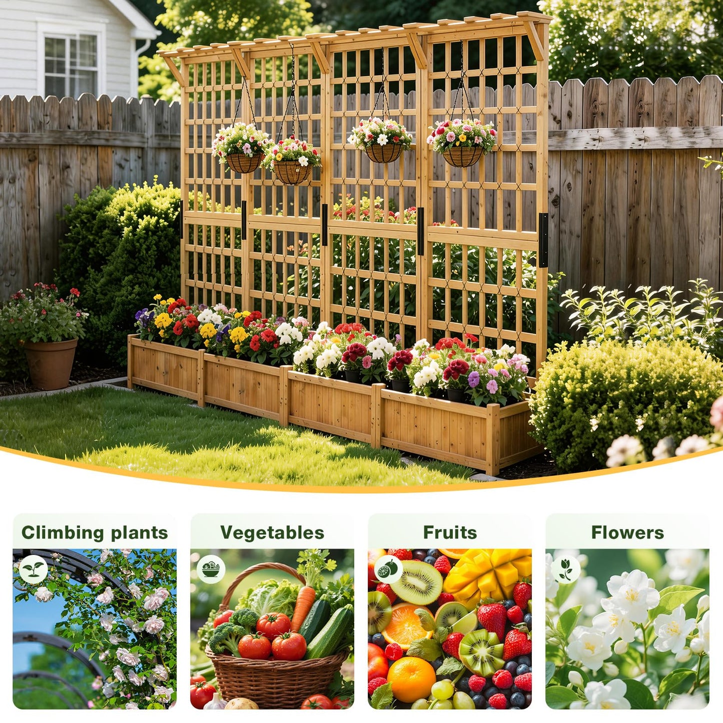 Aoxun 108" Wooden Raised Garden Bed with Trellis & Hanging Roof, 3-Piece Plant Planter Boxes for Climbing Vines, Flowers & Plants