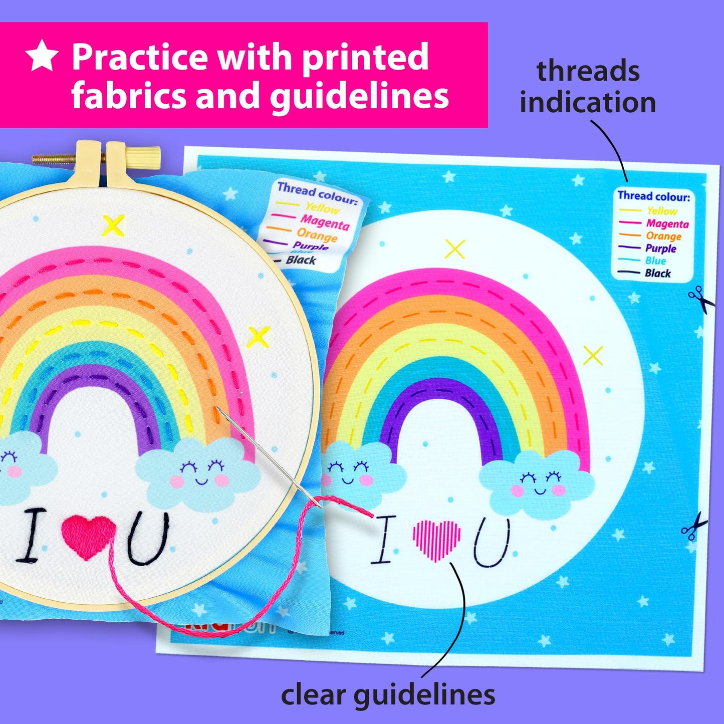 KRAFUN My First Embroidery Kit for Kids & Teens Age 8+, Beginner Hand Stitch Starter Set, 7 Pre-Printed Practice Cloths, DIY Tote Bag, Hoop & Tool Box, Arts & Crafts Gift for Girls