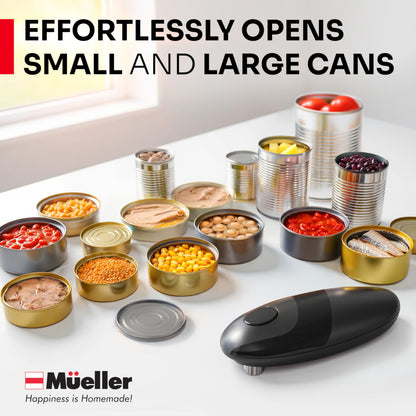 MUELLER HOME SmoothEdge Auto Electric Can Opener – Battery‑Operated One‑Touch w Magnet Lid Lifter – Portable Hands‑Free Automatic Can Openers for Seniors & Arthritis, Smooth‑Edge Cut Technology, Black