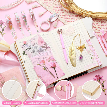 Janlaugh DIY Journal Diary with Lock Set Scrapbook Kit Stationary Diary Supplies Art Crafts Kit for Birthday Holidays Ideal Gifts for Women Teen Girls(Pink,Classic)