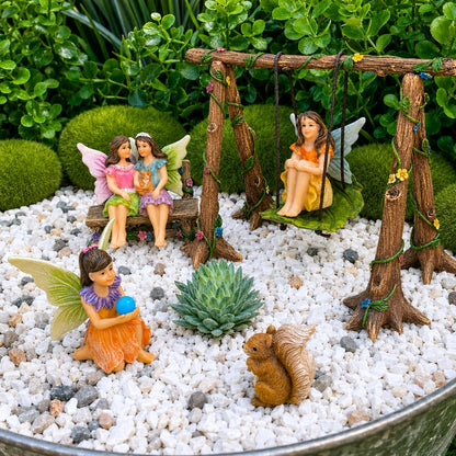 Mood Lab Fairy Garden Figurines with Swing - Miniature Accessories Set (6 pcs) - Outdoor Indoor Garden Decor
