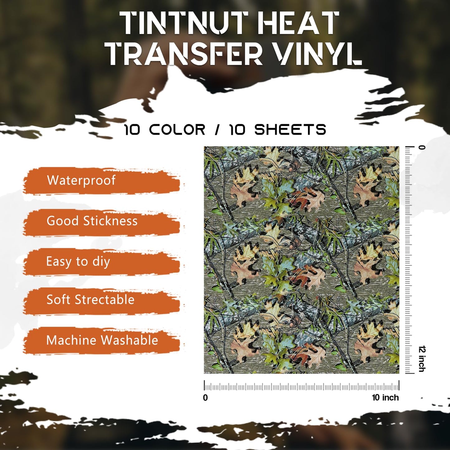 Tintnut Real Tree Heat Transfer Vinyl - 10 Sheets 10 x 12 Inch Camo Pattern Iron on Vinyl for Hunter Outdoor Camouflage Printed HTV DIY T-Shirts Handbags Hat Pants Craft