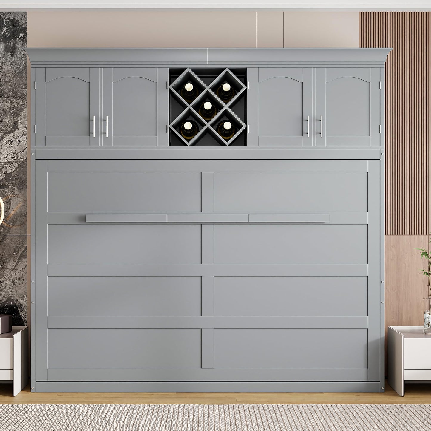 Merax Queen Size Murphy Bed, Foldable Wall Bed with Storage Cabinet, Dual Piston Metal Mechanism & Wooden Slats, No Box Spring Needed, Space-Saving for Small Apartment, Studio, Guest Room, Gray