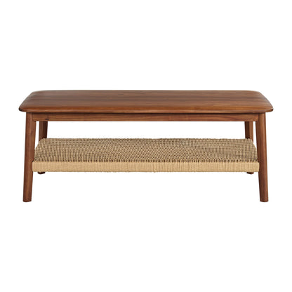 Alaterre Furniture Calais 48 Inch Rectangular Solid Wood Coffee Table with Woven Storage Shelf – Mid Century Modern 2-Tier Living Room Table (Chestnut)