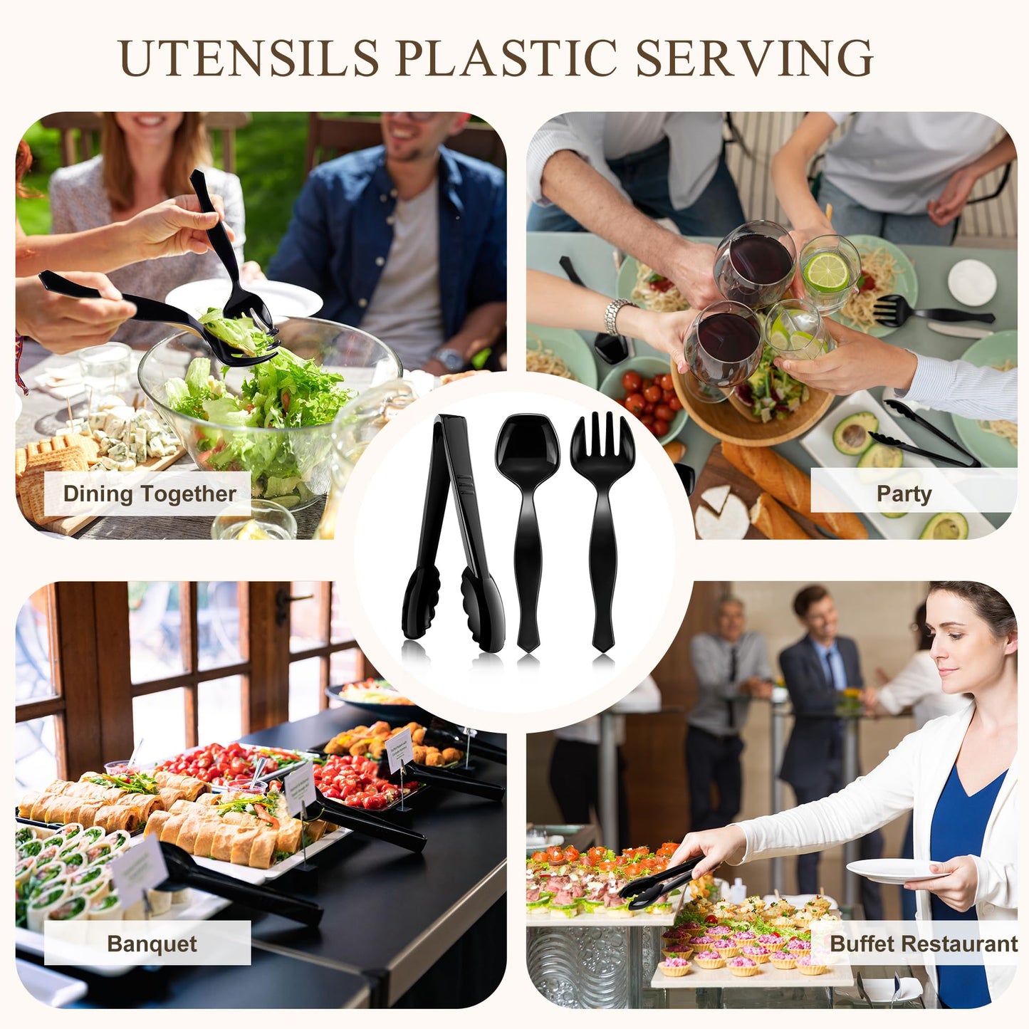 Mwellewm 36Pcs Plastic Serving Utensils Set Large Disposable Serving Spoons Forks Tongs for Serving Food 8.5'' Heavy Duty Black Large Party Utensils Supplies for Buffet Restaurant Dinner Salad Soup