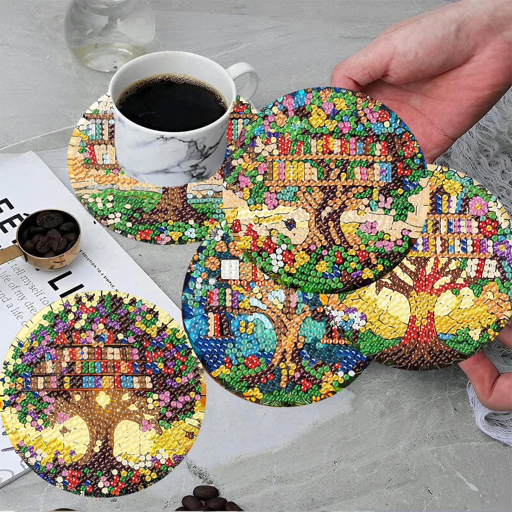 ijbnhd 8 Pcs Diamond Art Coasters Kits, Tree of Life Diamond Painting Coasters Kit with Holder, Diamonds Art Non Slip Coaster Crafts Kits for Adults Gifts 4x4 inch (Cork Wooden Pad)