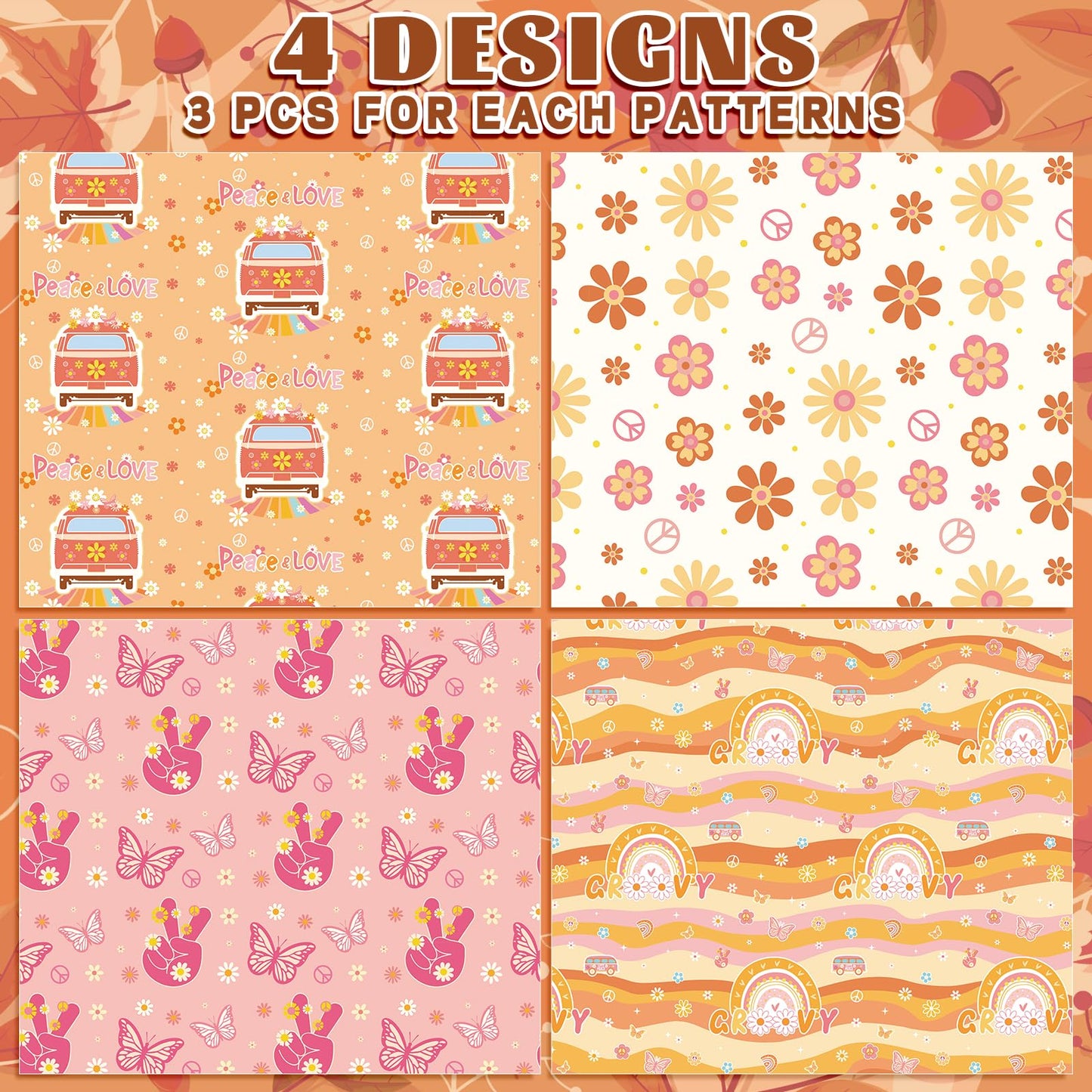 Whaline 12 Sheet Groovy Hippie Wrapping Paper 4 Style Boho Rainbow Daisy Pattern Packaging Paper Retro Groovy DIY Art Craft Sheets for Birthday Baby Shower Party, 19.7 x 27.6 Inch, Folded Flat