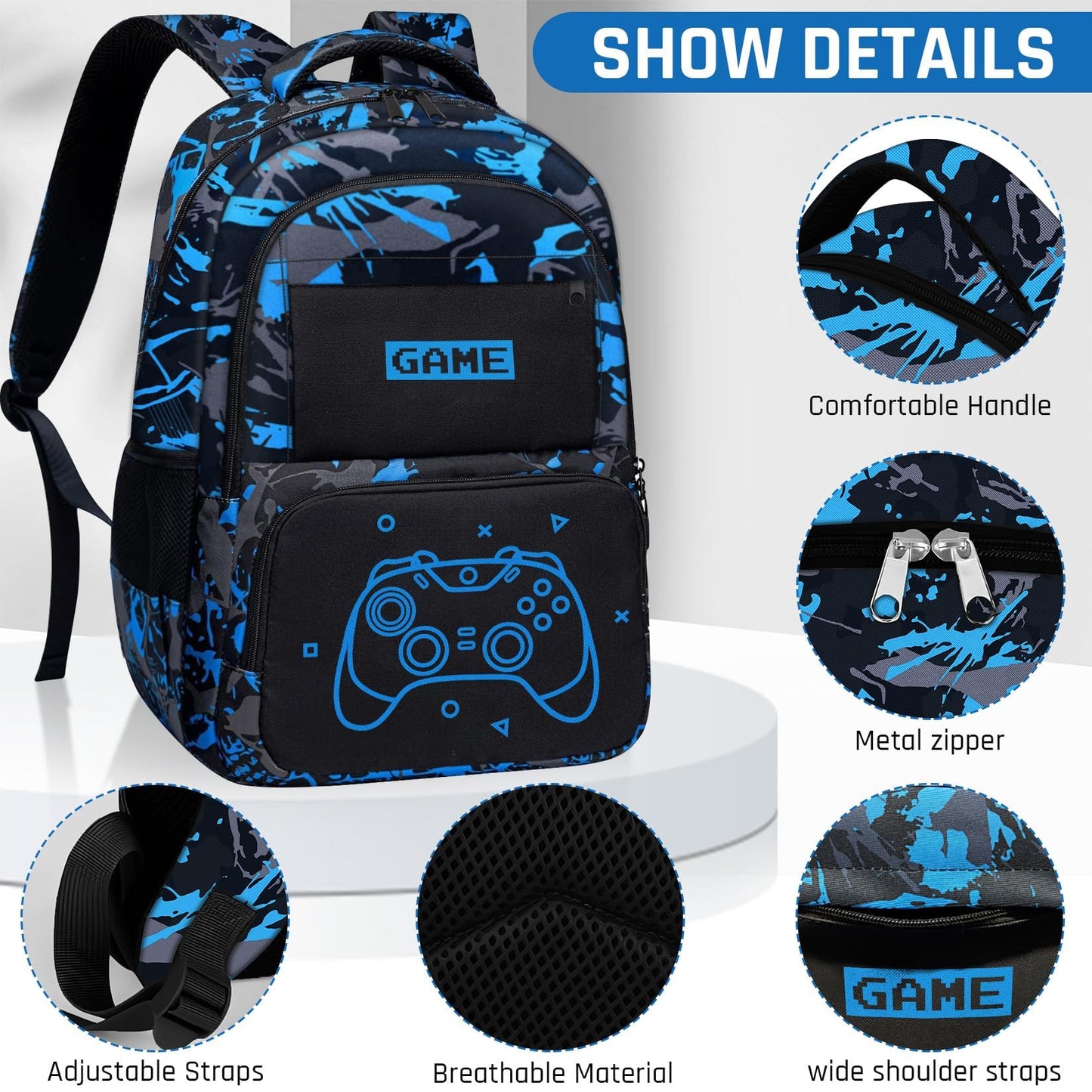 Fitvc Glow in The Dark Backpack for Boys - Game Boys Backpack for Kids Children Teens Elementary Middle School - 17″ Gamer Bookbag Travel Back Pack for Age 6-18