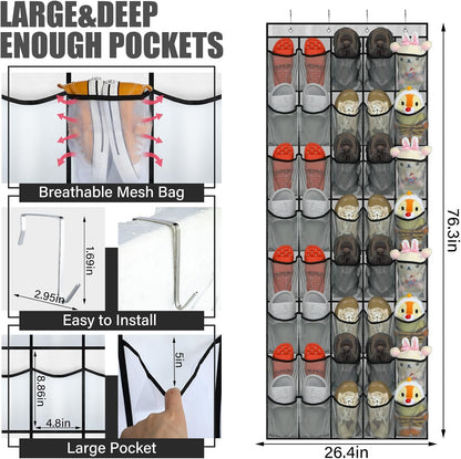 40 Large Over the Door Shoe Organizer | Gray Mesh Pockets Hanging Shoe Rack for Closet, Nonslip Holder for Shoes