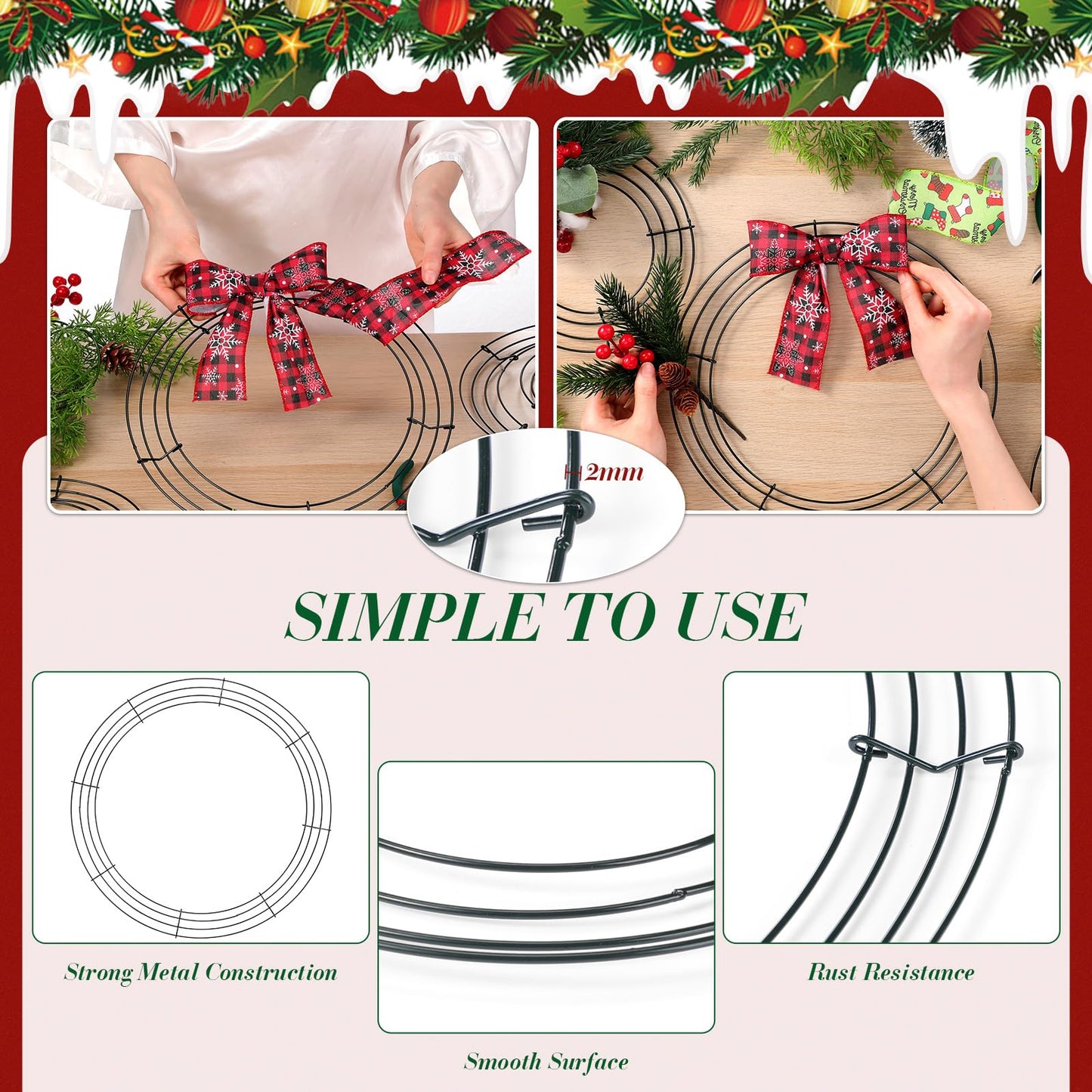 Kritkin 12 Pack 8, 12, 16 Inch Wire Wreath Frames Round Green Wreath with 114 Yard Paddle Wire and Cutters for Christmas New Year Party Valentines Wedding Easter Home Decor DIY