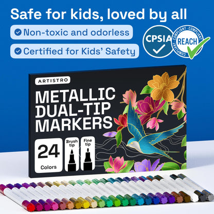 ARTISTRO 24 Metallic Acrylic Paint Markers - Paint Pens for Drawing, Brush + Fine Tips - For Fabric, Rock, Glass, Wood, DIY - Art & Craft Supplies for Adults, Teens, Kids - Teacher Appreciation Gift