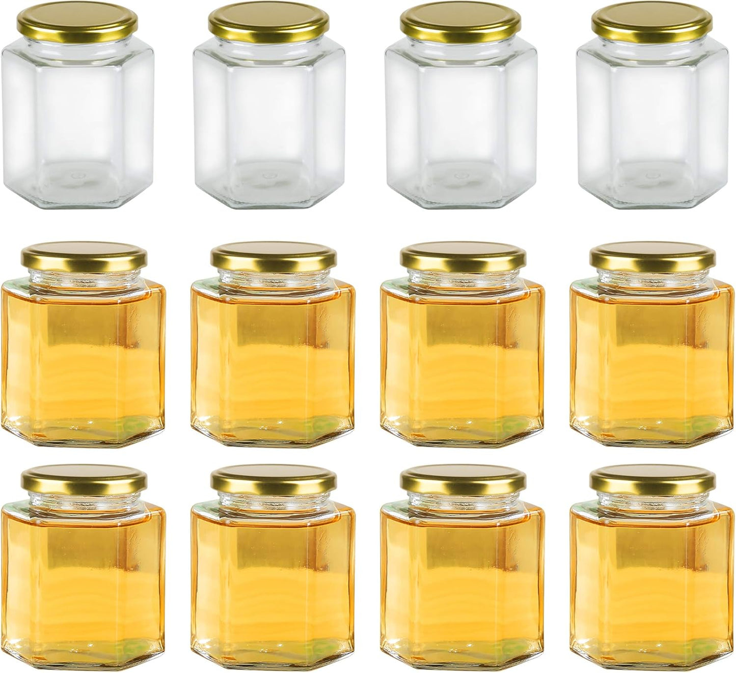Encheng 16 oz Clear Hexagon Jars with Lids (Golden), Mason Jars for Honey, Foods, Jams, Liquid, Spice Jar, 12 Pack