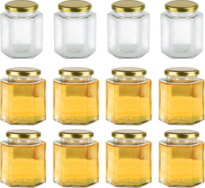 Encheng 16 oz Clear Hexagon Jars with Lids (Golden), Mason Jars for Honey, Foods, Jams, Liquid, Spice Jar, 12 Pack