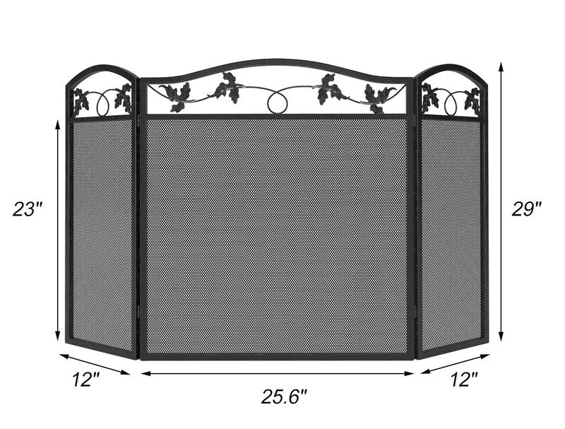Calidola 3-Panel Foldable Black Steel Fireplace Screen Spark Guard Fence,Leaf Design Screen Metal Decorative Mesh Cover