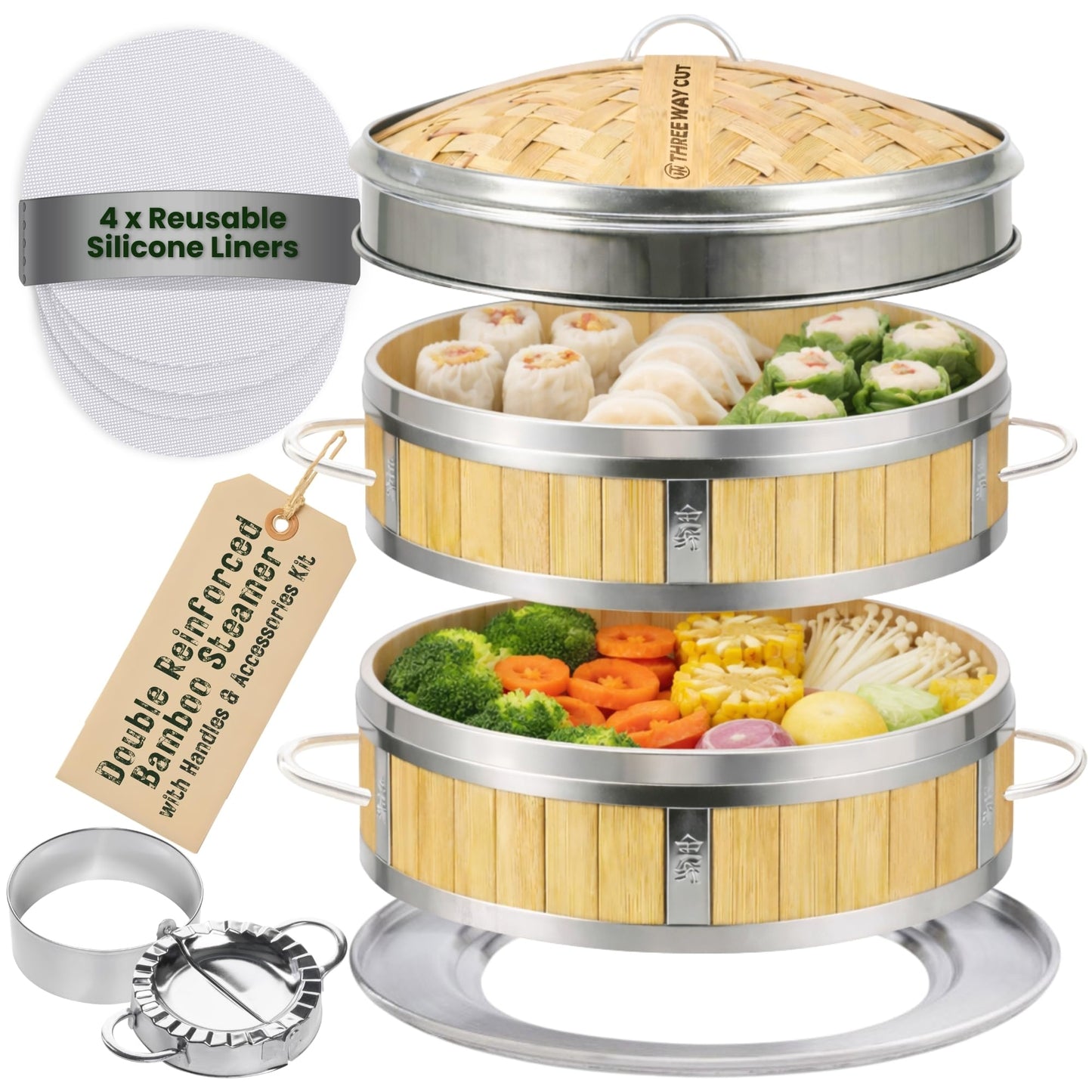Bamboo Steamer 10" - Heavy-Duty Dumpling Steamer Basket, 2 Tier Bamboo Steamers for Cooking & Steaming Dim Sum, Bao Bun, Gyoza, Shumai & Vegetables - 10 Inch Steam Baskets with Handles & Accessories Set