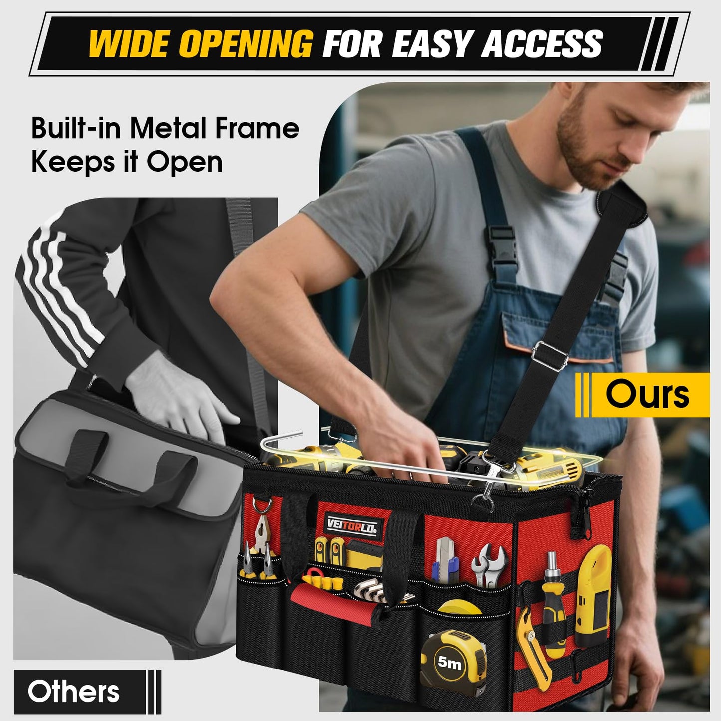 16-Inch Heavy Duty Tool Bag, 19-Pockets Tool Box Organizer, Portable Toolbag W/Soft Handle for Organized Storage, Mechanic Gifts for Men Dad Husband Fathers Day, Wide Mouth Electrician Toolbox, Red