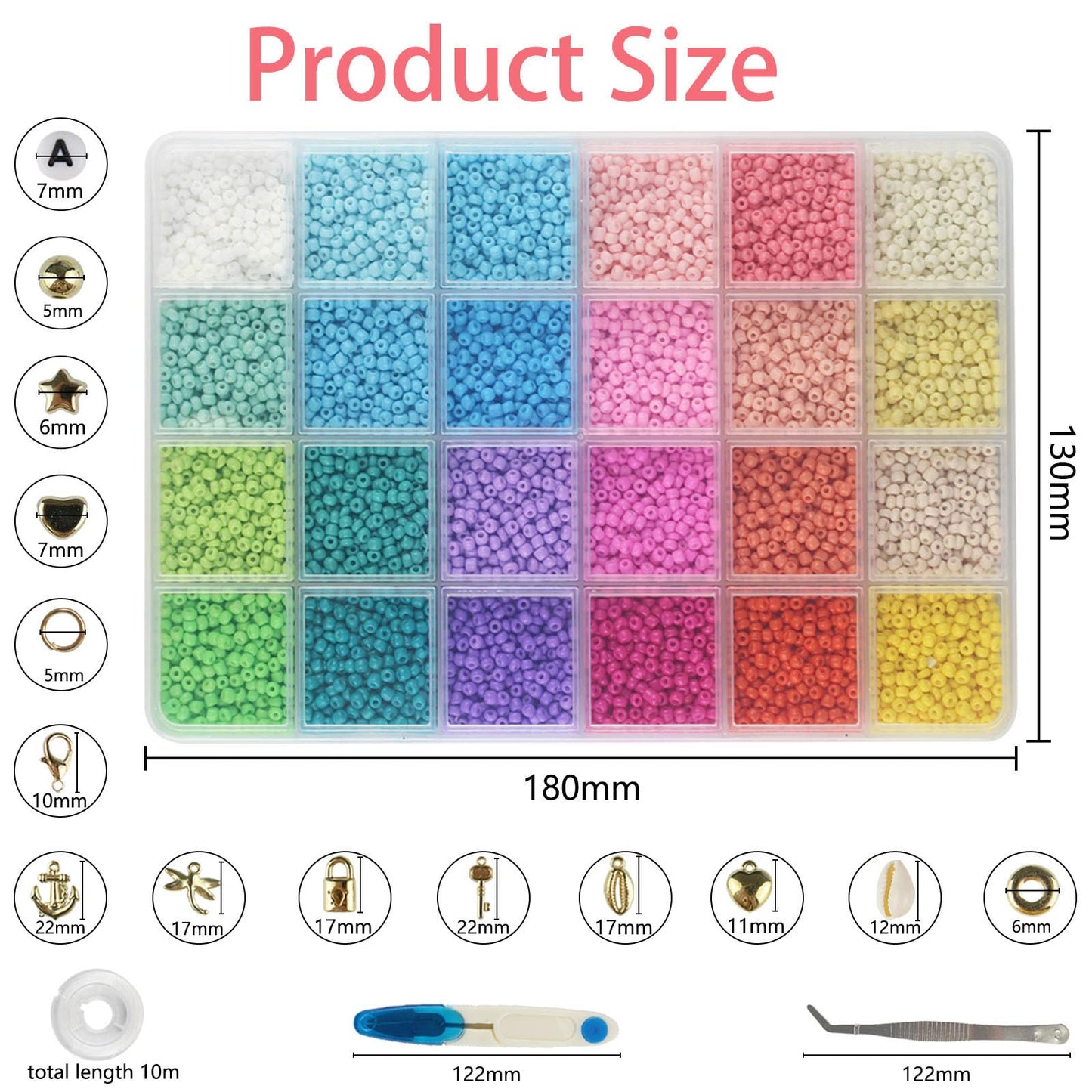 ALIRICH 21600Pcs 3mm Glass Seed Beads for Jewelry Making, 48 Colors Crafts Bead Kit with Letter Smile Face Star Love Heart Beads, Gold Silver Findings Beads for DIY Art Bracelets Necklaces for Women