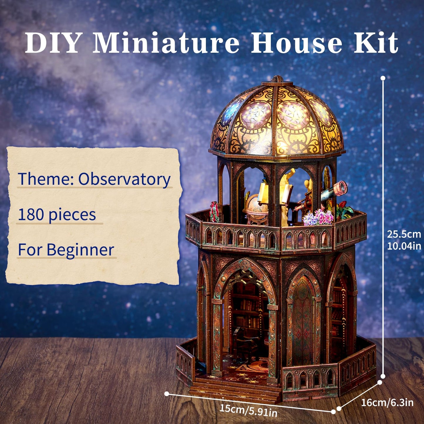 TOYQI Book Nook Mini House Kit, DIY Miniature Dollhouse Booknook for Adults, 3D Wooden Puzzle Bookend Bookshelf Insert Decor, Tiny Stargazing Tower Observatory, Gift for Family and Friends
