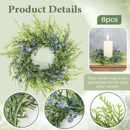 6 Pcs Mini Blueberry Wreaths Candle Rings Artificial Spring Summer Candle Wreaths for Pillars Rustic Wedding Farmhouse Wreath Table Centerpiece Decoration for Cabinet Kitchen Front Door Home Decor