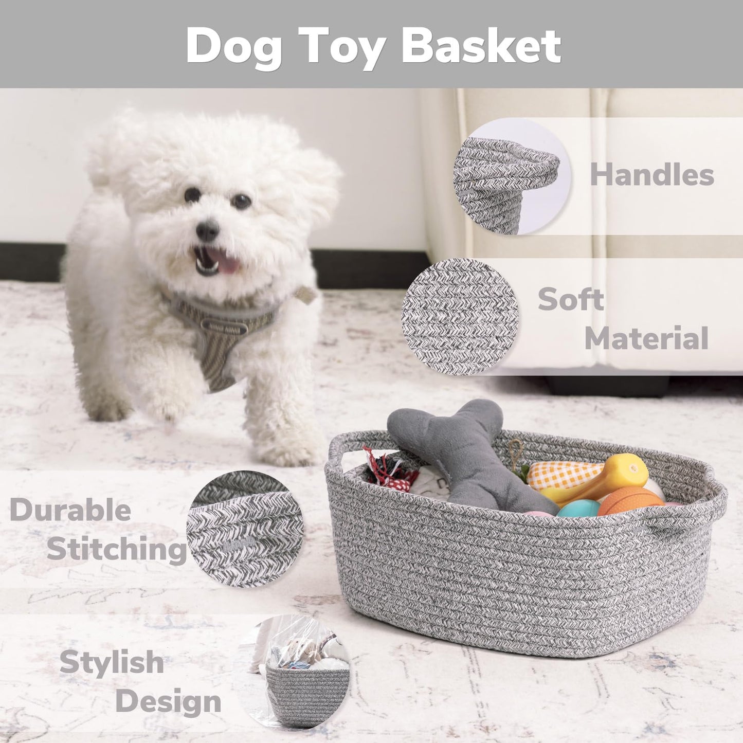 CHICVITA Storage Basket for Gifting, Small Woven Basket for Towels, Cute Baskets for Baby, Nursery, Decorative Rope Baskets for Living Room, Grey, 13 x 9.8 x 5 inches