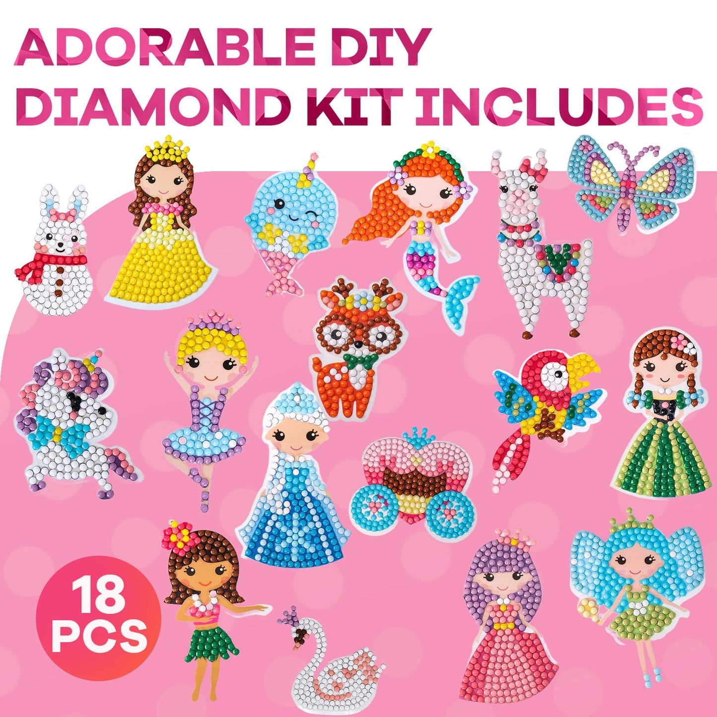 Cymbana Diamond Painting Kits for Kids 18 Pcs Princess and Their Buddy Gem Art Sticker for Kids Ages 6-8 8-12 Contains Unicorn, Mermaid