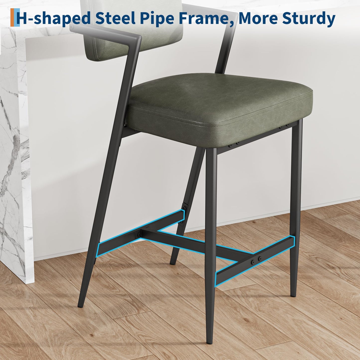 Garvee Bar Stools Set of 6 w/Arms & Footrest, Upholstered Bar Stools with Backrest & Thickened Metal Legs, Counter Height Bar Stools with Thick Cushion for Island, Counter Bar, Retro Green