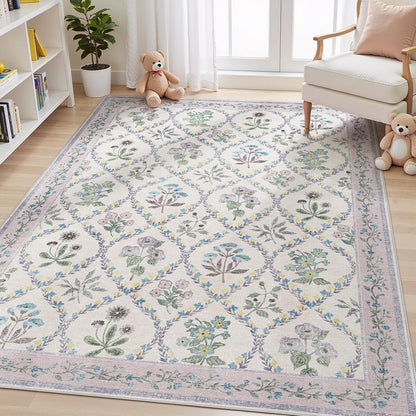 5x7 Purple Rug for Girls Room, Washable Boho Floral Area Rugs for Living Room, Cute Ultra-Thin Non Slip Indoor Girls