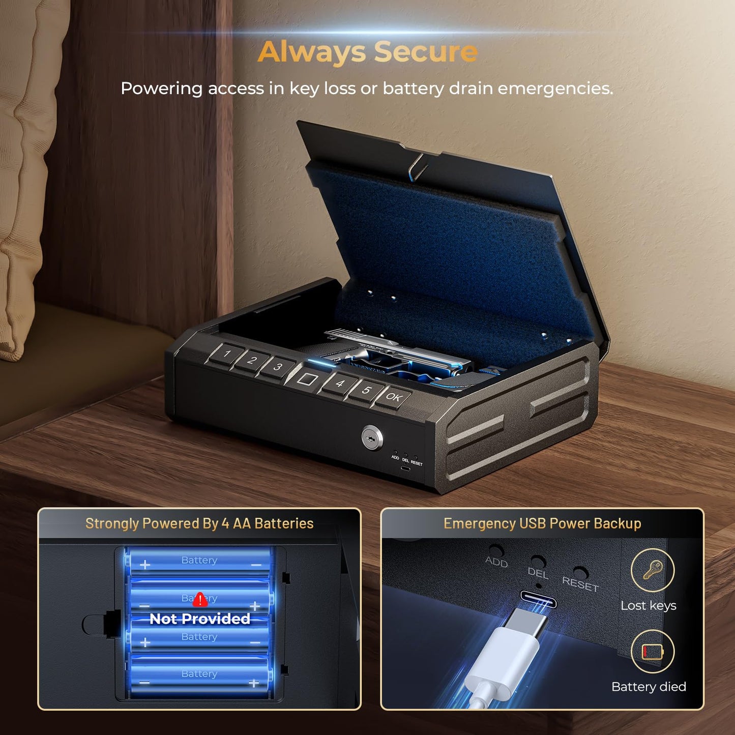 ONNAIS Iron PRO Biometric Fingerprint Gun Safe for Handgun, Swift Entry Gun Lock Box Featuring with Interior Light and Emergency Power Supply, Pistol Safes for Home, Nightstand, Bedside, and Car