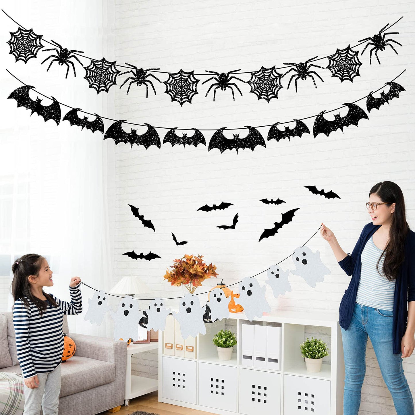 39 Pieces Halloween Decorations Black Glittery Bat Banner Spider Ghost Garland 3D Bat Wall Stickers for Halloween Party Haunted House Decoration Indoor Outdoor Mantel Supplies