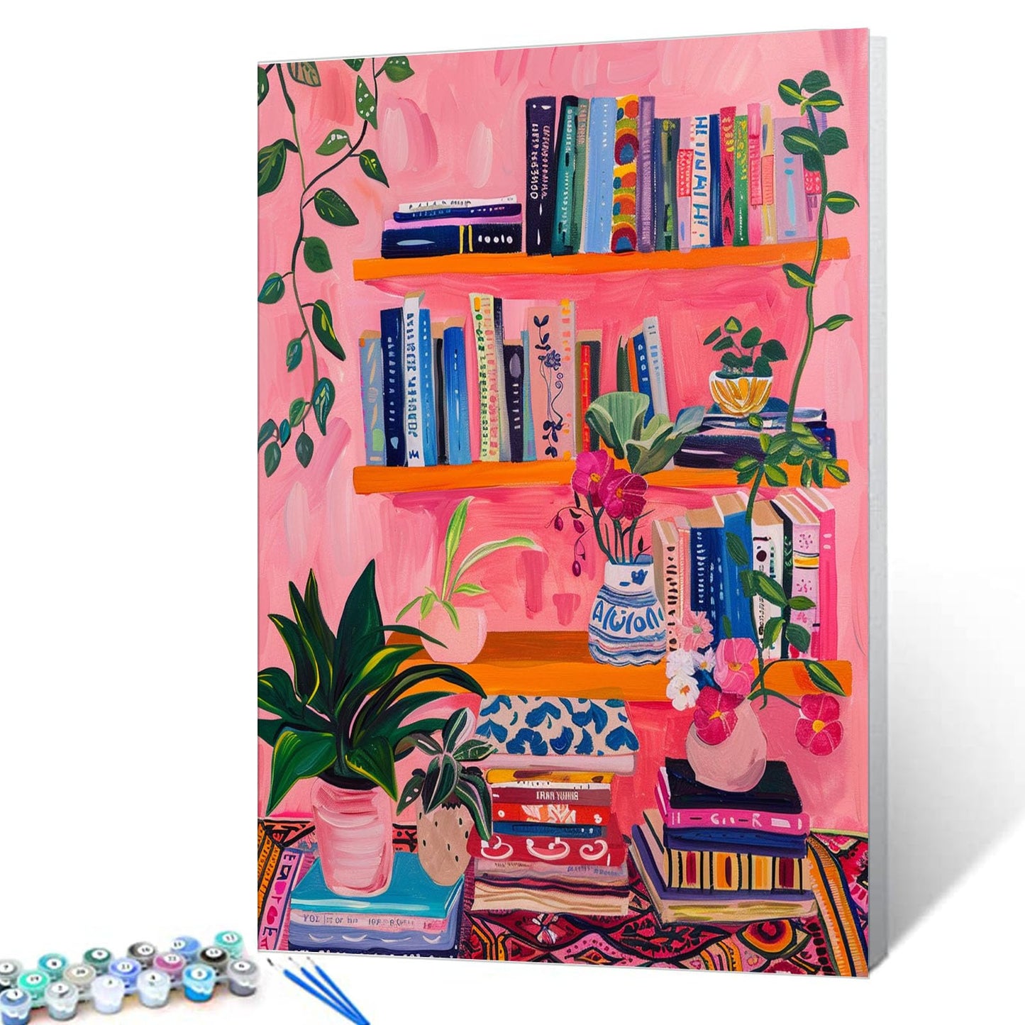 Bookshelf Book Theme Paint by Numbers Kits for Adult Beginners Boho Paint by Numbers Bohemian Digital Oil Painting Kits on Canvas with Brushes and Acrylic Pigment Without Framed 16''W x 20''H