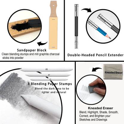 KALOUR 33 Pro Drawing Kit Sketching Pencils Set,Portable Zippered Travel Case-Charcoal Pencils, Sketch Pencils, Charcoal Stick,Sharpener,Eraser.Art Supplies for Artists Beginner Adults Teens