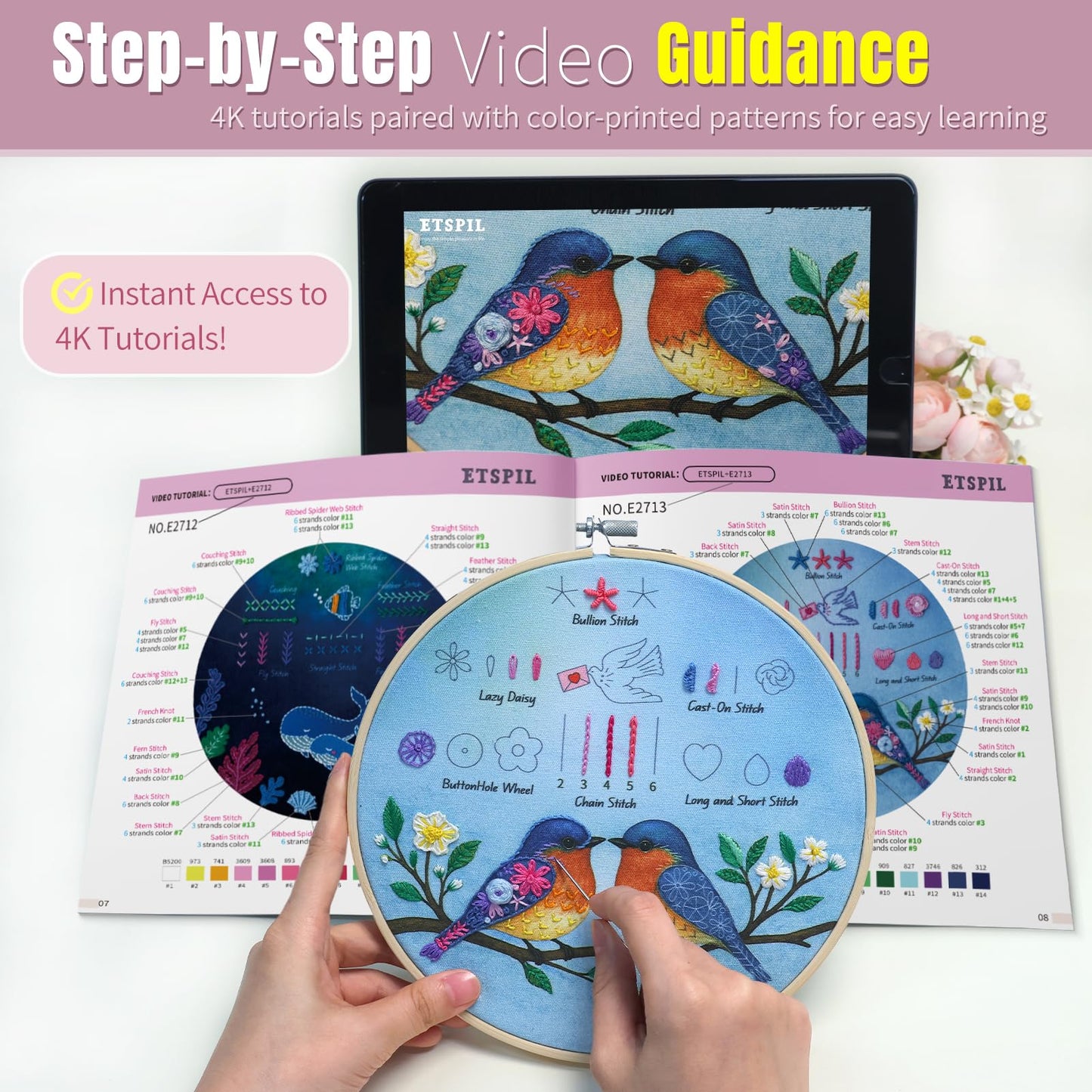 ETSPIL Beginner Embroidery Kit for Adults, 3-Pack Full-Color Stamped Animal Designs, Companionship Theme, Master 19 Stitches with 4K Step-by-Step Videos & Needle Minder, Easy Craft Gift for Teens