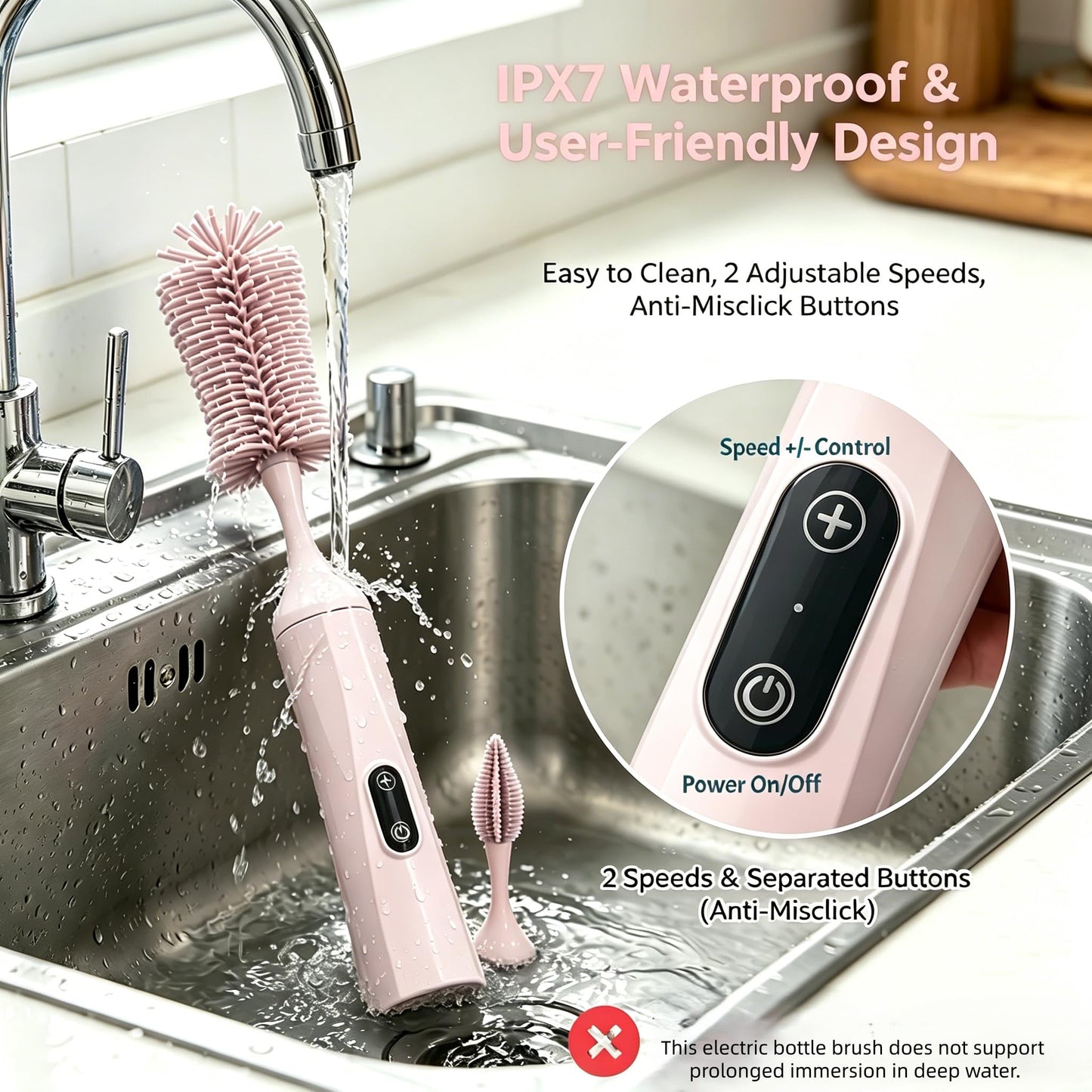Rechargeable Electric Bottle Brush with 2 Speeds Powerful Automatic Bottle Cleaner,BPA-Free Silicone Spinning Design, Wall Mount & Straw Cleaner,Suitable for Baby Bottles & Kitchen (Pink+Pink)