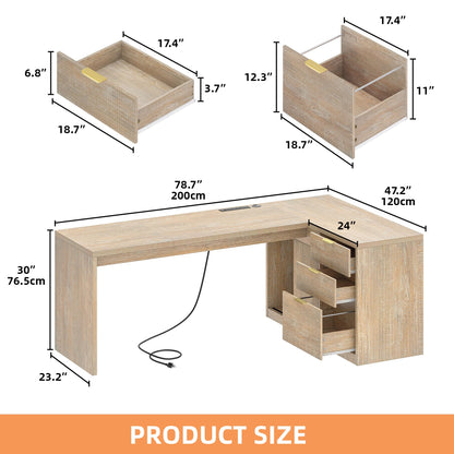Meowloday 78'' Fluted Executive L Shaped Desk, Modern Home Office Desk with File Drawer and Charging Station, Computer Corner Desks with Storage Cabinet for Office Home, Bedroom, Natural Oak