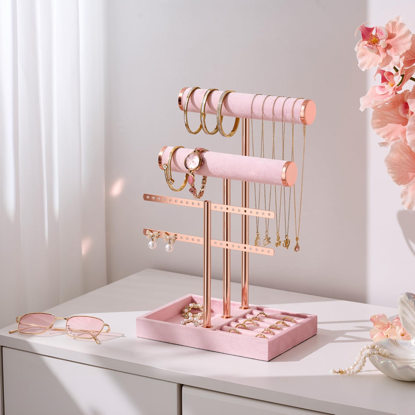 bussdis 3 Tier Bracelet Holder Display - Detachable T Bar Pink Velvet Bracelet Holder, Jewelry Holder Organizer for Bracelet, Necklace, Earrings, Rings
