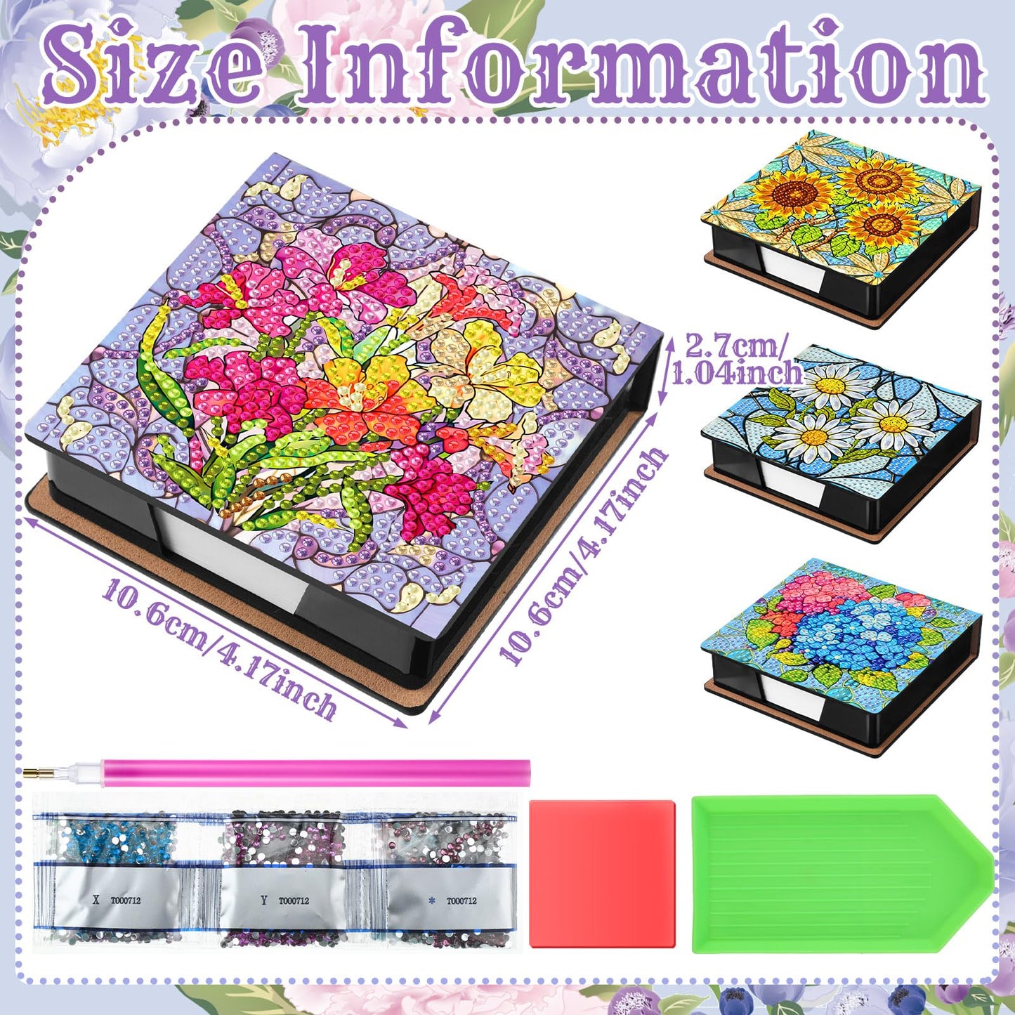 Saillong 4 Pcs Flower Theme Diamond Art Note Box Kit Sunflower Daisy Diamond Painting Memo Box Hydrangea Paper Holders with 160 Sticky Notes for DIY Office Supplies Gifts