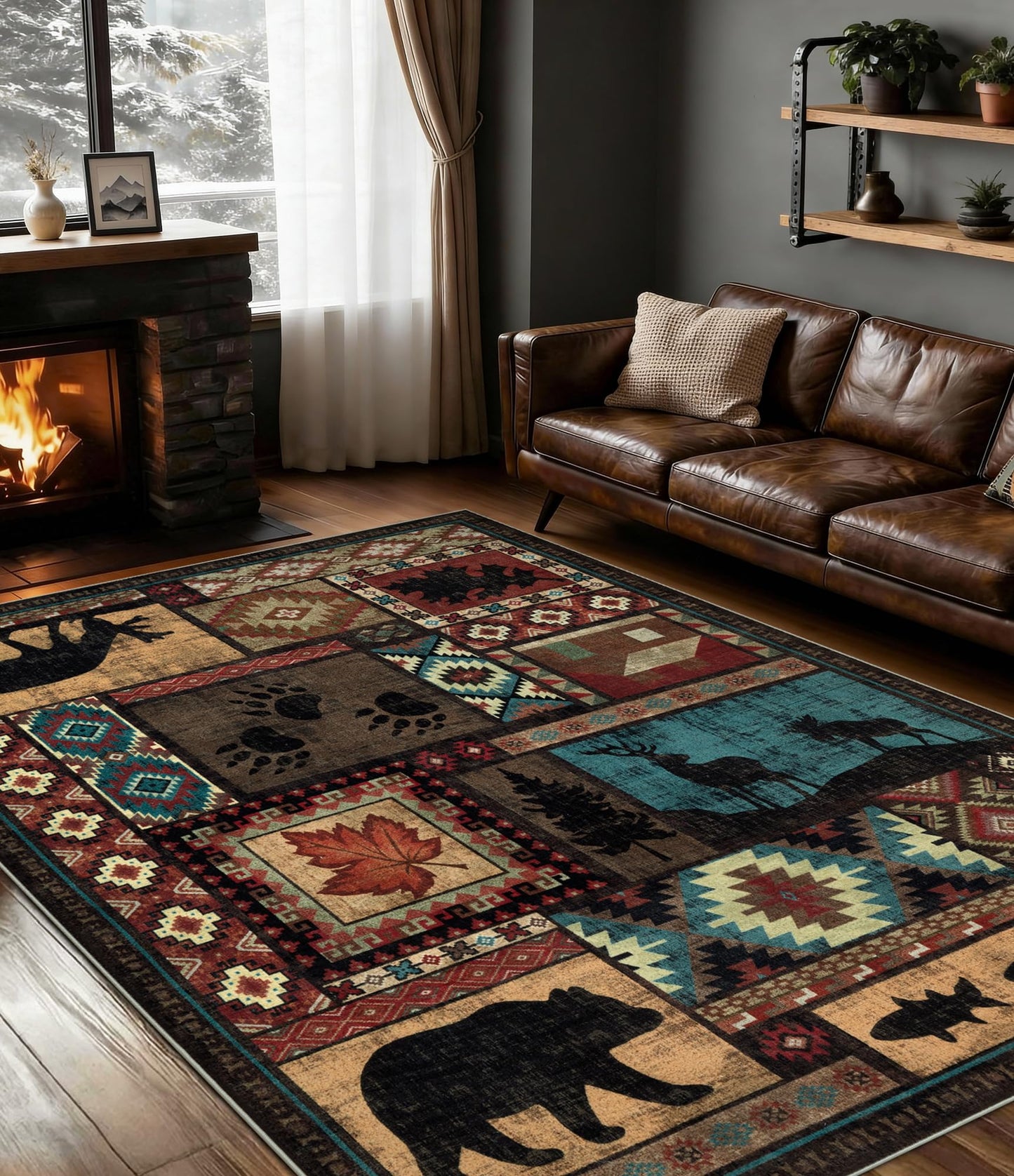 YIHOUSE Rustic Cabin Area Rug 5x7,Machine Washable Lodge Bear Rug,Non-Slip Low Pile Print Pattern Southwestern Rug for Living Room Bedroom