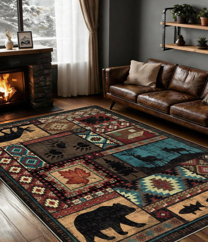 YIHOUSE Rustic Cabin Area Rug 5x7,Machine Washable Lodge Bear Rug,Non-Slip Low Pile Print Pattern Southwestern Rug for Living Room Bedroom