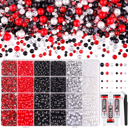 14000PCS Flatback Pearls and Rhinestones for Bedazzling Kit, Red White Black 3-10mm Resin Rhinestones and Half Pearls for Crafting, Nail Art Crafts Dec with 3pcs B7000 Jewelry Glue