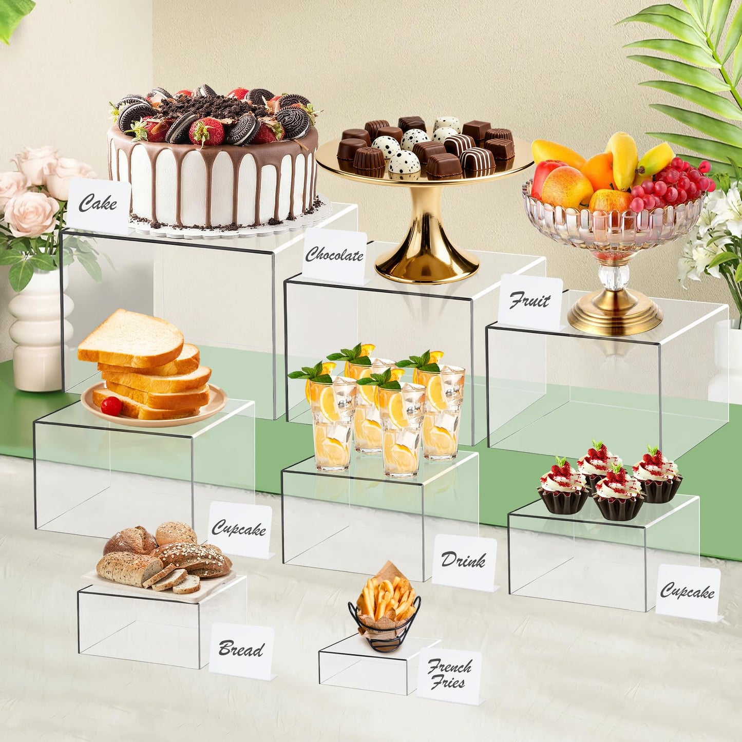 8 Pcs Clear Acrylic Boxes for Display, Acrylic Food Risers & Acrylic Cube Set (3"-8"), with 8 White Display Boards & 2 Markers, Clear Risers for Food, Decor, Party, Retail