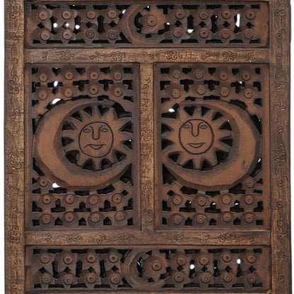 Hand Carved Sun and Moon Design Foldable 4 Panel Wooden Room Divider, Decorative Privacy Screen, Rustic Home Partition Decor