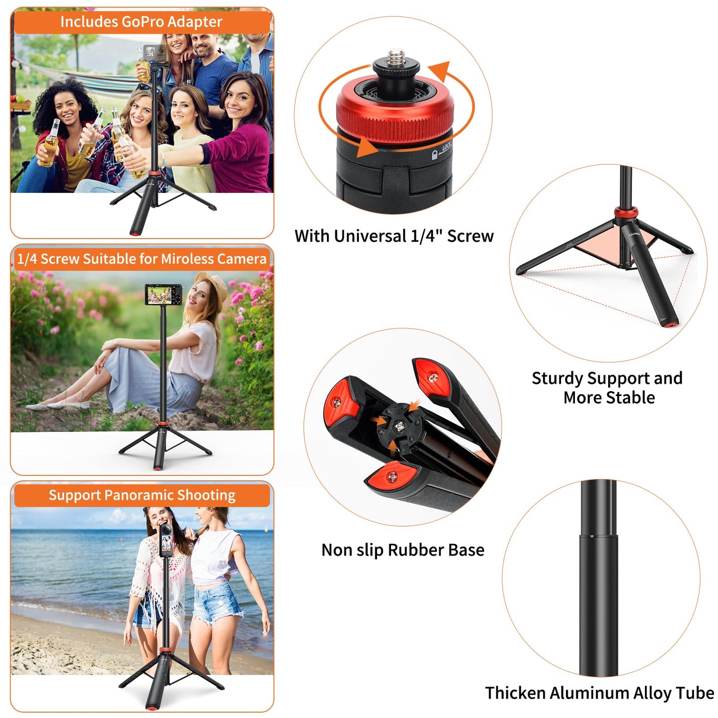 UURig Extendable Selfie Stick Tripod for GoPro Max Hero 10 9 8 7 6 5 4, DJI Osmo Action, Insta 360 One R and More Action Camera（50.7''）