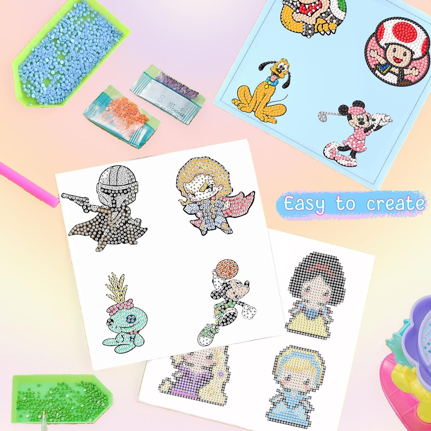 KOJEFCV 48 Pcs Cartoon Diamond Art Painting Sticker Kits for Kids-Cartoon Diamond Gem Stickers Kit,5D Gem Art Stickers Mosaic for Kids Gift for Boys Girls 4-8-10-12 Years Old