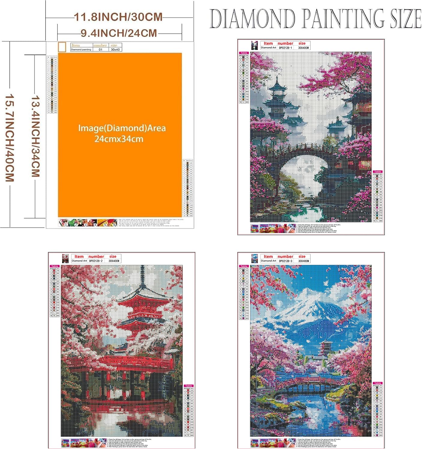 Diamond Art Kits for Adults - 3 Pack Sakura Landscape 5D Diamond Painting Kits for Beginner,DIY Mount Fuji Gem Art Full Drill Diamond Dots Crystal Craft Kits for Home Wall Decor Gifts 12x16inch