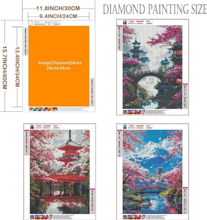 Diamond Art Kits for Adults - 3 Pack Sakura Landscape 5D Diamond Painting Kits for Beginner,DIY Mount Fuji Gem Art Full Drill Diamond Dots Crystal Craft Kits for Home Wall Decor Gifts 12x16inch
