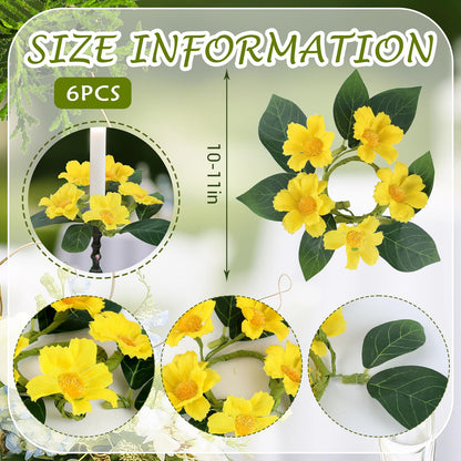 6 PCS Summer Yellow Daisy Taper Candle Rings Wreaths 1.38" Mini Spring Summer Floral Taper Candle Holder Wreaths Artificial Flower Farmhouse Table Centerpieces Wreath for Rustic Home Candlestick Decor