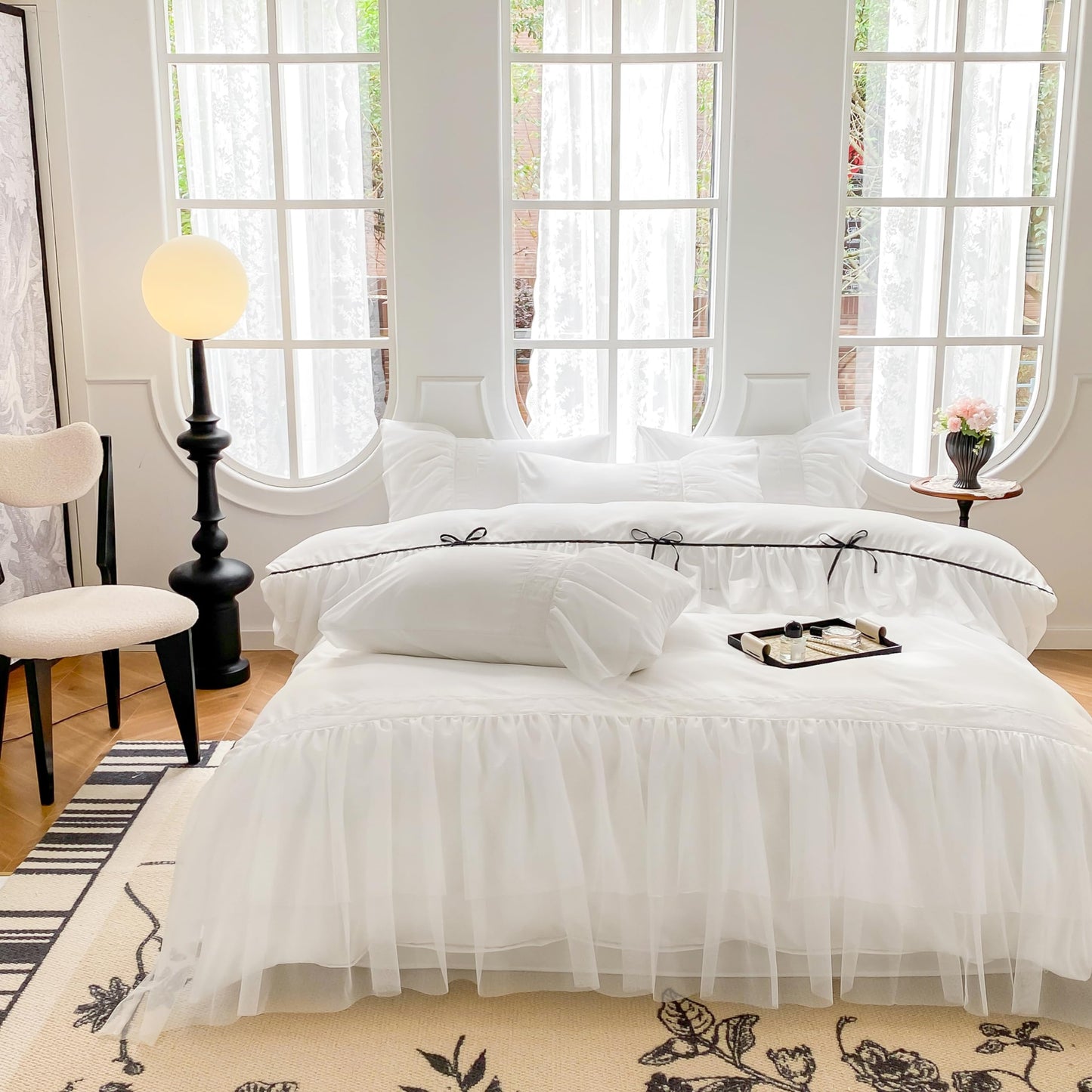 SOUKECHY White Lace Ruffled Queen Duvet Cover Set, Bow Duvet Cover,Chic Kids Bedding,100% Polyester,Lightweight Duvet Cover Set with Zipper Closure for Girls
