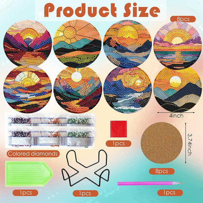 ijbnhd 8 Pcs Sunset Diamond Art Coasters Kits, Sunset Diamond Painting Coasters Kit with Holder, Non Slip Coaster Crafts Kits for Adults Gifts 4x4 inch (Cork Wooden Pad)