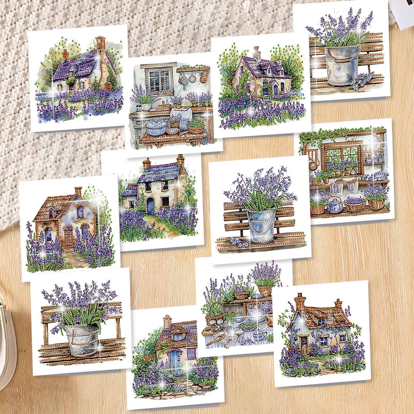 C'eitura 12Pcs Lavender Diamond Art Painting Greeting Card Kit with Envelopes, DIY Floral Christmas Birthday Thanksgiving Card Making Set, Calming Handmade Card Craft