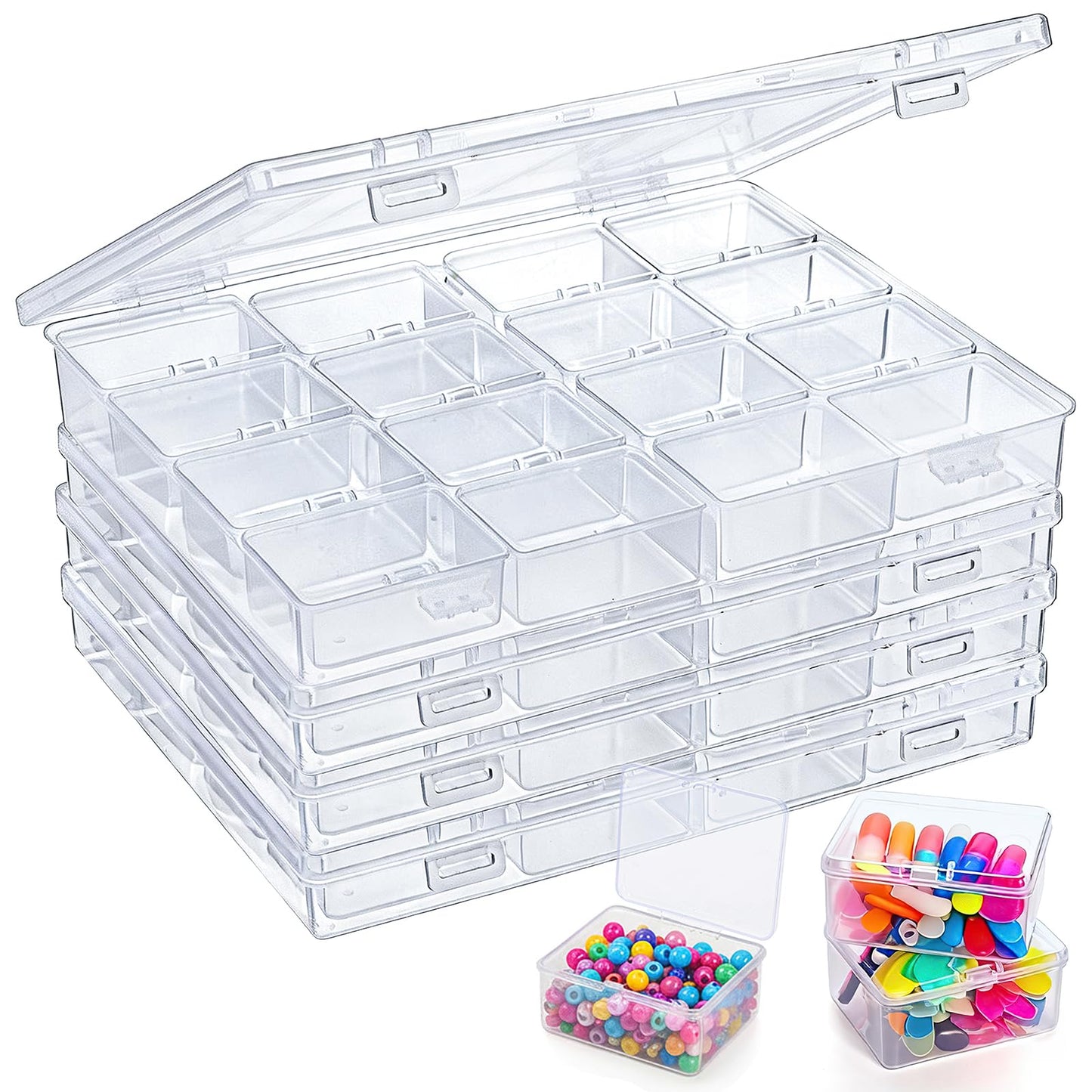 Prygew 4 Pack Bead Storage Container, 64 Grids Small Clear Plastic Nail Organizer Boxes with Hinged Lid, Mini Craft Diamond Organizer Cases for DIY, Fishing Tackles, Screws and Small Parts